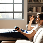 **

A modern living room featuring a bookshelf with subtly integrated smart speakers. Sunlight streams through the smart window, which is automatically adjusting to minimize glare. A person is relaxing on the couch, using a hand gesture to control the lighting. The scene should convey a sense of calm, seamless technology integration, and aesthetically pleasing design.

**