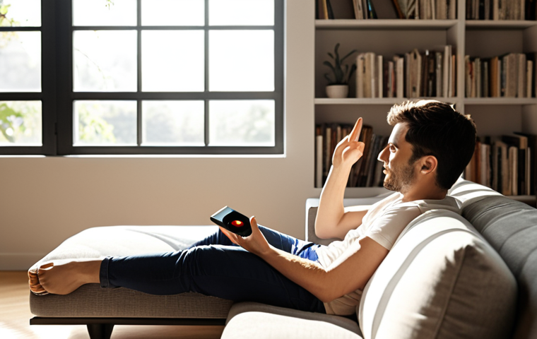 **
A modern living room featuring a bookshelf with subtly integrated smart speakers. Sunlight streams through the smart window, which is automatically adjusting to minimize glare. A person is relaxing on the couch, using a hand gesture to control the lighting. The scene should convey a sense of calm, seamless technology integration, and aesthetically pleasing design.
**