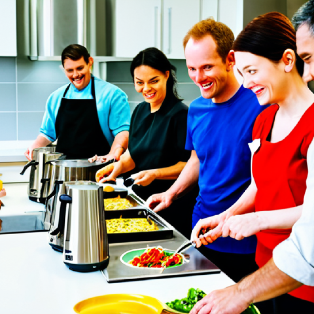 기술 통합 생활환경 디자인의 커뮤니티 구축 - Community Kitchen Interaction**
"A diverse group of fully clothed adults participating in a cooking...