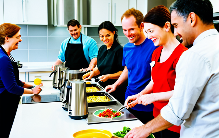 기술 통합 생활환경 디자인의 커뮤니티 구축 - Community Kitchen Interaction**
"A diverse group of fully clothed adults participating in a cooking...