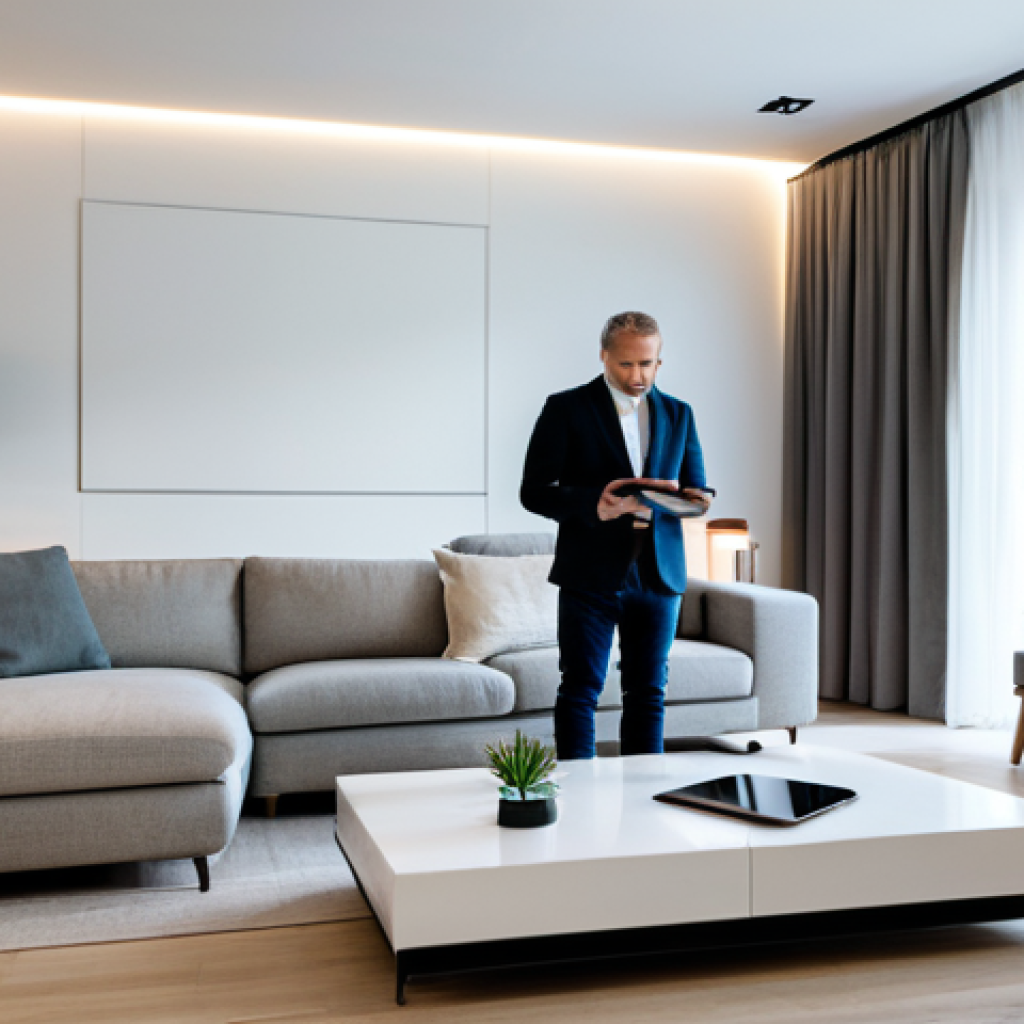 스마트 기술을 활용한 생활환경 혁신 - Smart Home Automation**
"A modern living room, showcasing various smart home devices (lights, therm...