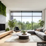 Home 20 스마트 환경을 위한 디자인 전략 - A modern, sunlit living room featuring expansive south-facing floor-to-ceiling windows with sleek ov...