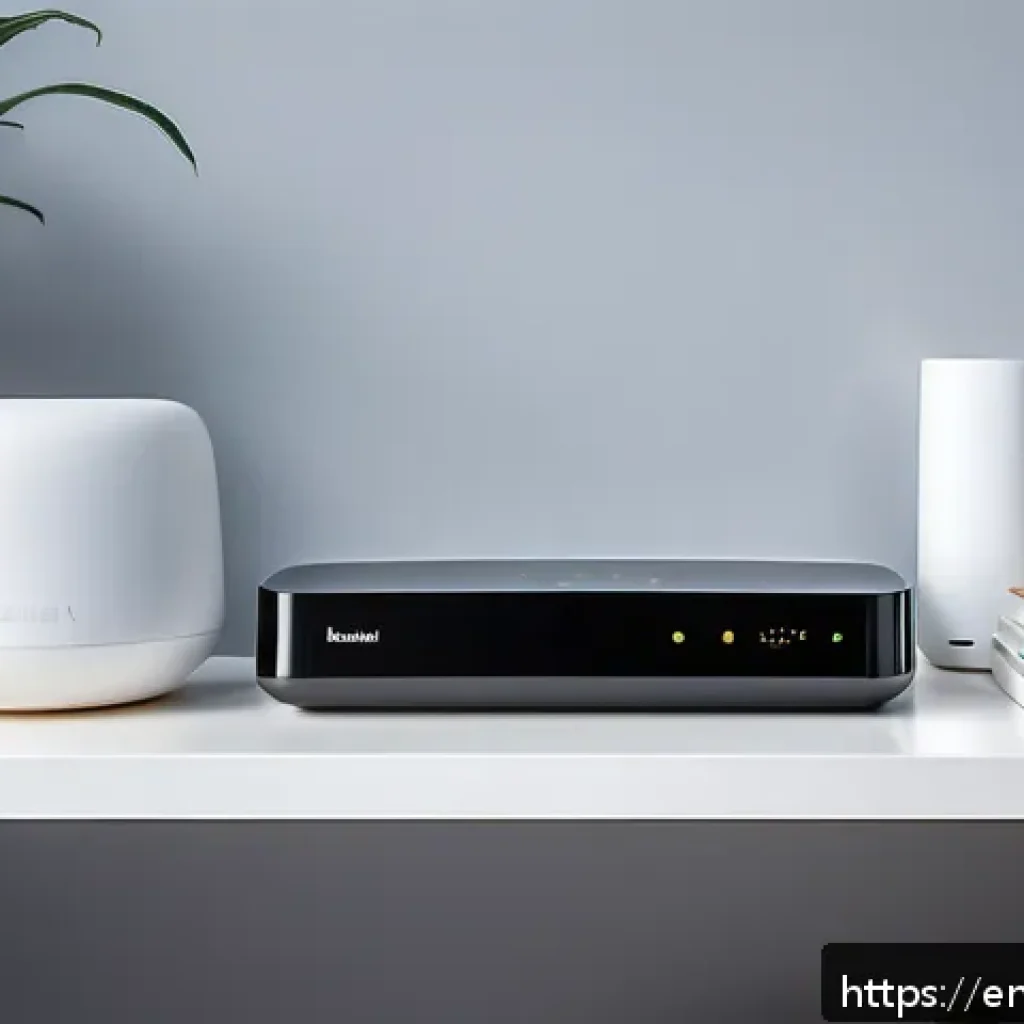 스마트 홈 기기 연결의 문제 해결 - A modern smart home interior showing a sleek, centrally placed Wi-Fi router on an elevated shelf in ...