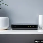 Home 19 스마트 홈 기기 연결의 문제 해결 - A modern smart home interior showing a sleek, centrally placed Wi-Fi router on an elevated shelf in ...