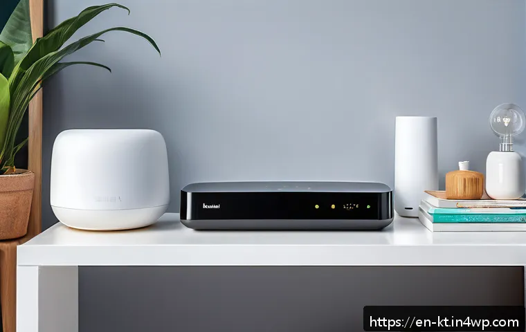 스마트 홈 기기 연결의 문제 해결 - A modern smart home interior showing a sleek, centrally placed Wi-Fi router on an elevated shelf in ...