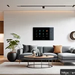 Home 18 스마트 홈 기기의 기능 및 특징 - A modern smart living room interior showcasing seamless integration of smart home devices: sleek sma...