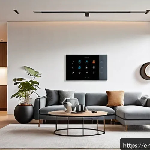 Home 30 스마트 홈 기기의 기능 및 특징 - A modern smart living room interior showcasing seamless integration of smart home devices: sleek sma...