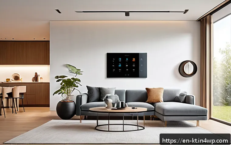 스마트 홈 기기의 기능 및 특징 - A modern smart living room interior showcasing seamless integration of smart home devices: sleek sma...