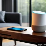 Home 23 기술 통합 생활환경을 위한 체크리스트 - A modern smart home living room featuring a sleek Amazon Echo smart hub on a minimalist wooden side ...