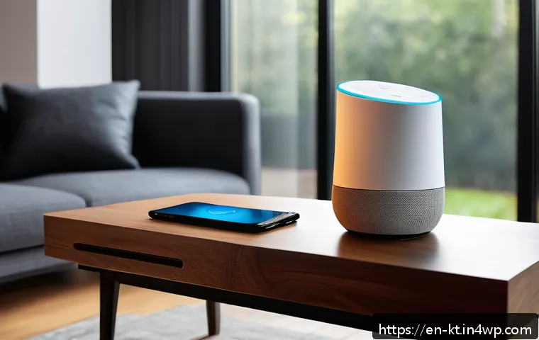 기술 통합 생활환경을 위한 체크리스트 - A modern smart home living room featuring a sleek Amazon Echo smart hub on a minimalist wooden side ...