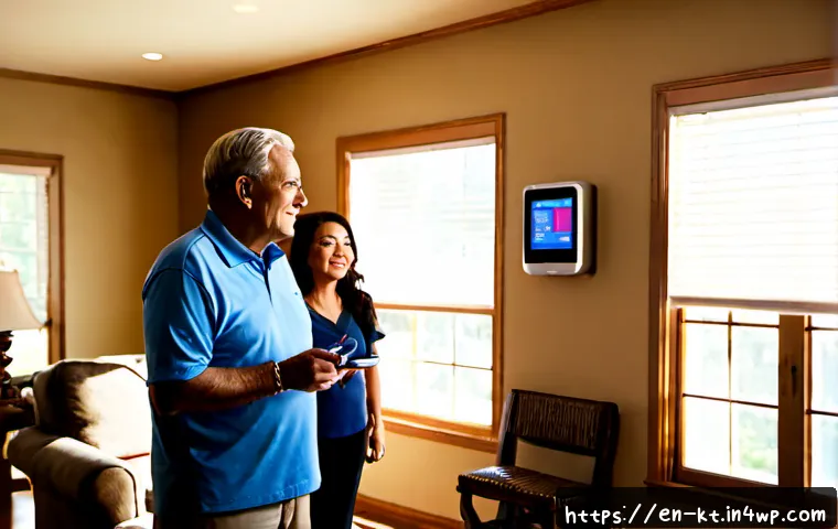 Home 17 기술 통합 생활환경 개선 사례 - Photorealistic smart accessible home living room, an older American couple comfortably using voice-c...